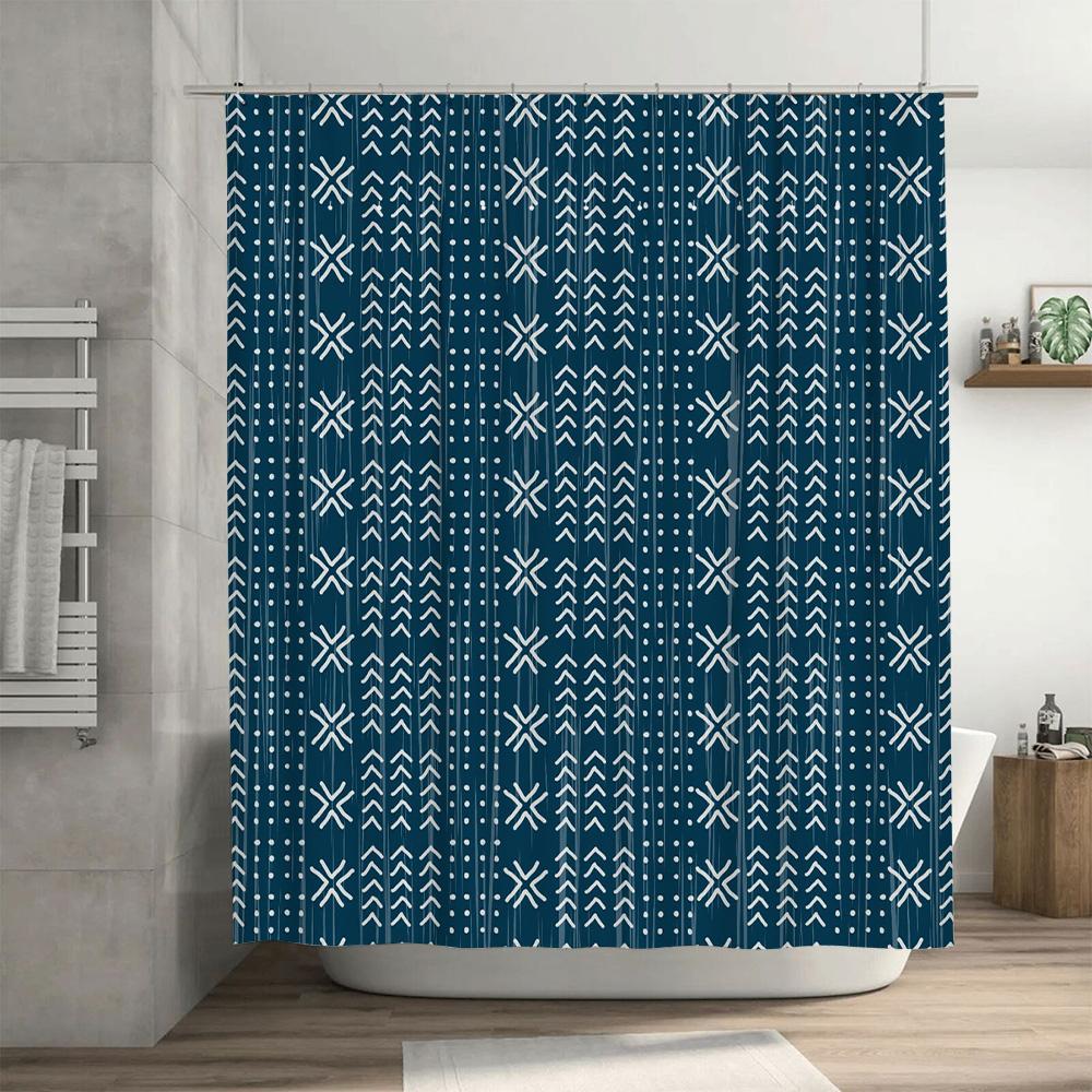 Blue White Geometric Shower Curtain Waterproof Bathroom Decor 3D Printed Bath Mat Set Home Decoration Solid Colors Window Curtai