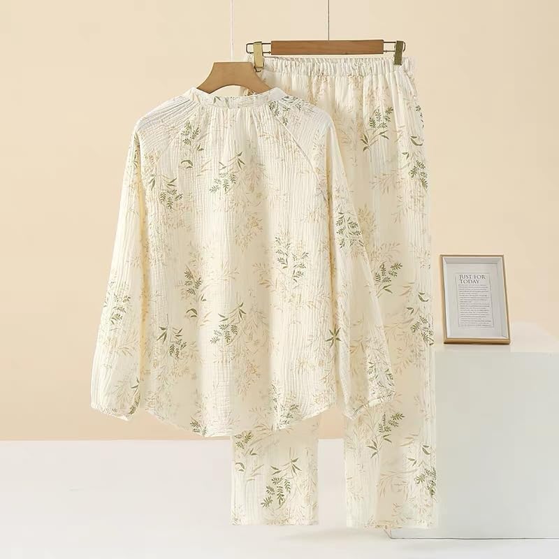 Netakara Double Gauze Long with Loungewear Solid Winter Long Sleeve Green Women's Pajamas, Sleeve, 100% Cotton, Pockets, Set, Comfortable, Color,