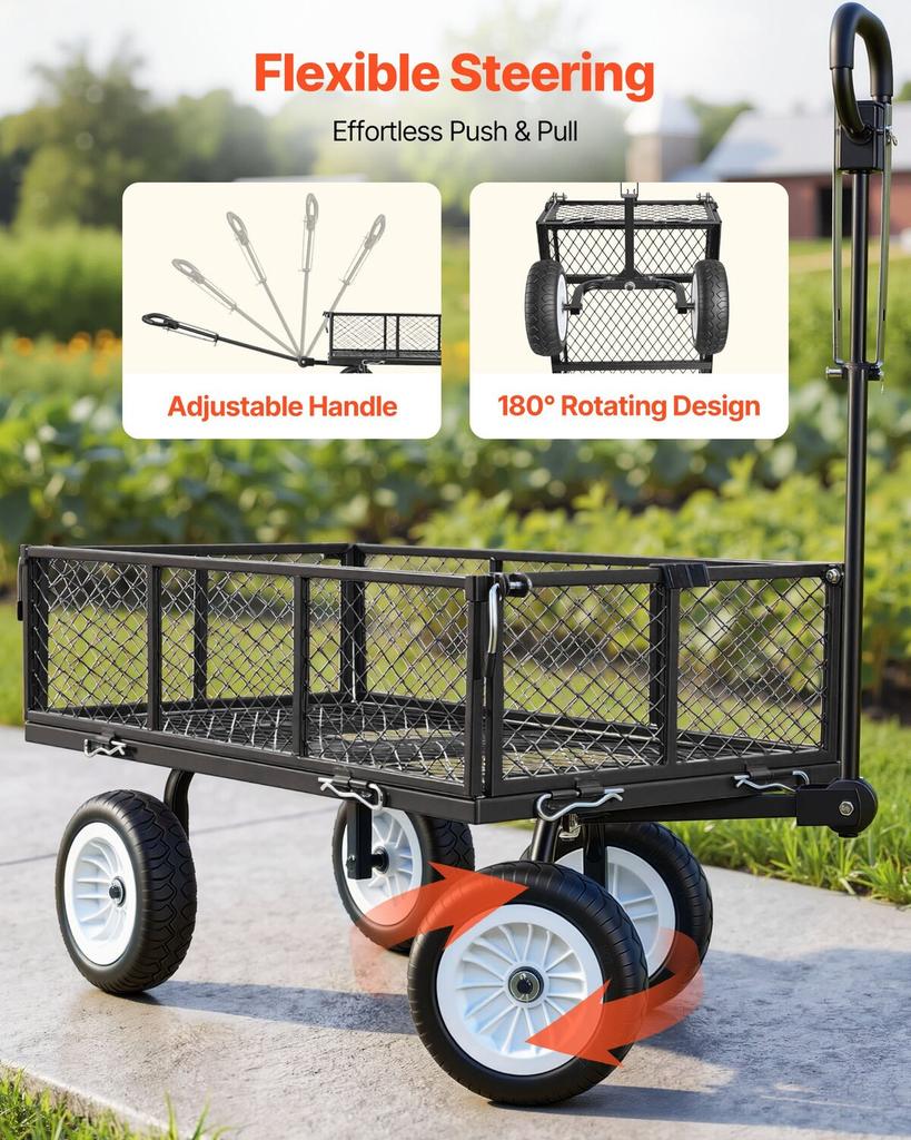 Garden Cart, 408.2 kg, Heavy Duty Steel Yard and Garden Utility Wagon with 10-Inch Tires, Outdoor Gardening Stool with Adjustable Handle, Detachable