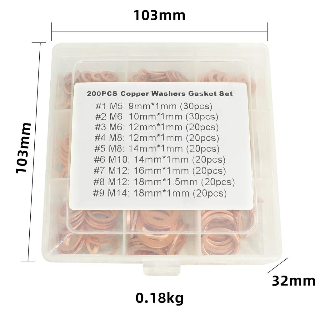Copper Gasket Boxed Multistandard O Shaped Copper Gasket Combination Oil Plugging and Sealing Ring Combination 1 Box 200pcs
