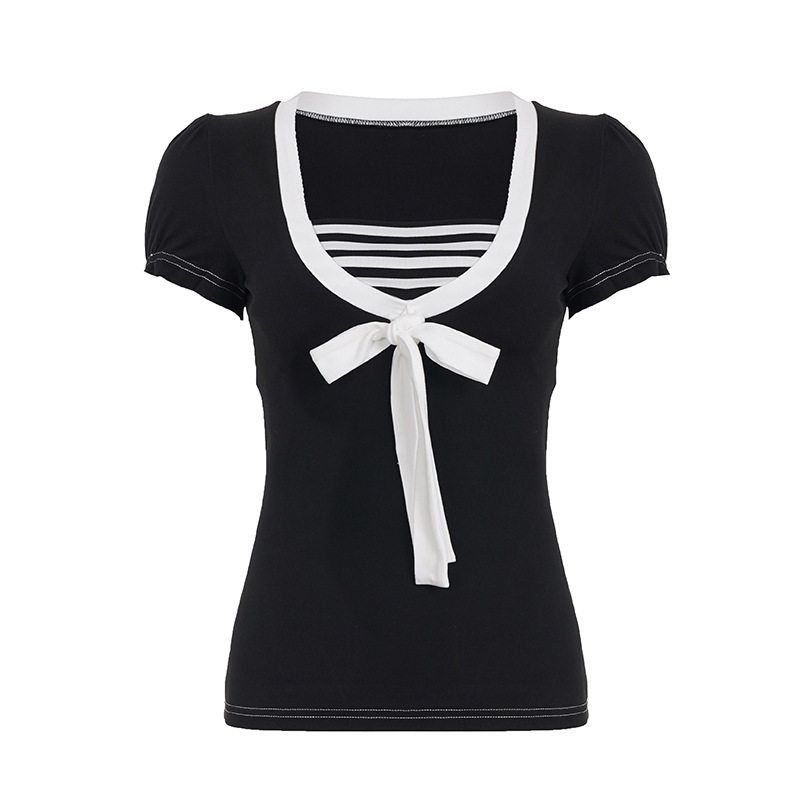 American College Style Color-Blocked Striped Bow Tie Patchwork Short-Sleeve T-Shirt, Sweet and Youthful Waist-Cinching Elegant Top