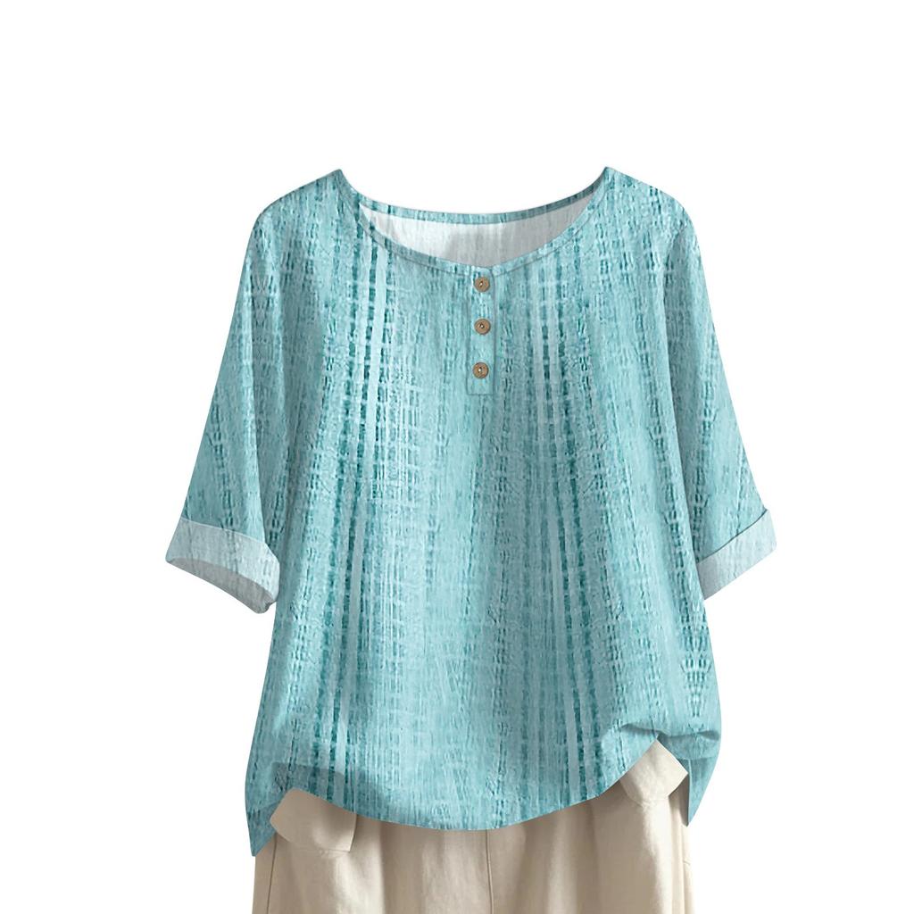Women's Fashionable And Casual Shirt Half-sleeve Round Neck Print Cotton And Linen Blouse Top