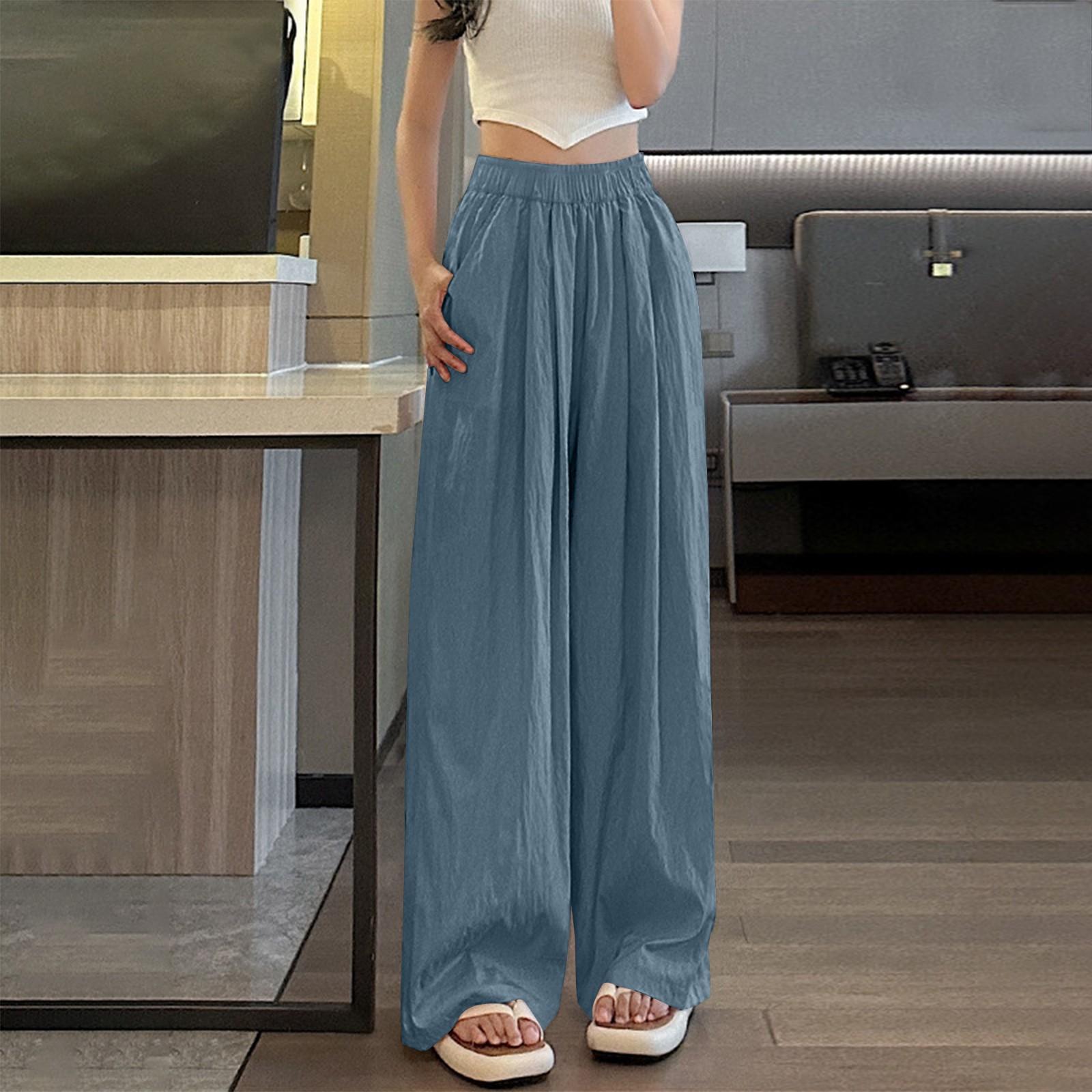 Женские свободные однотонные широкие повседневные брюки из ледяного шелка с морщинами XL — фото 7