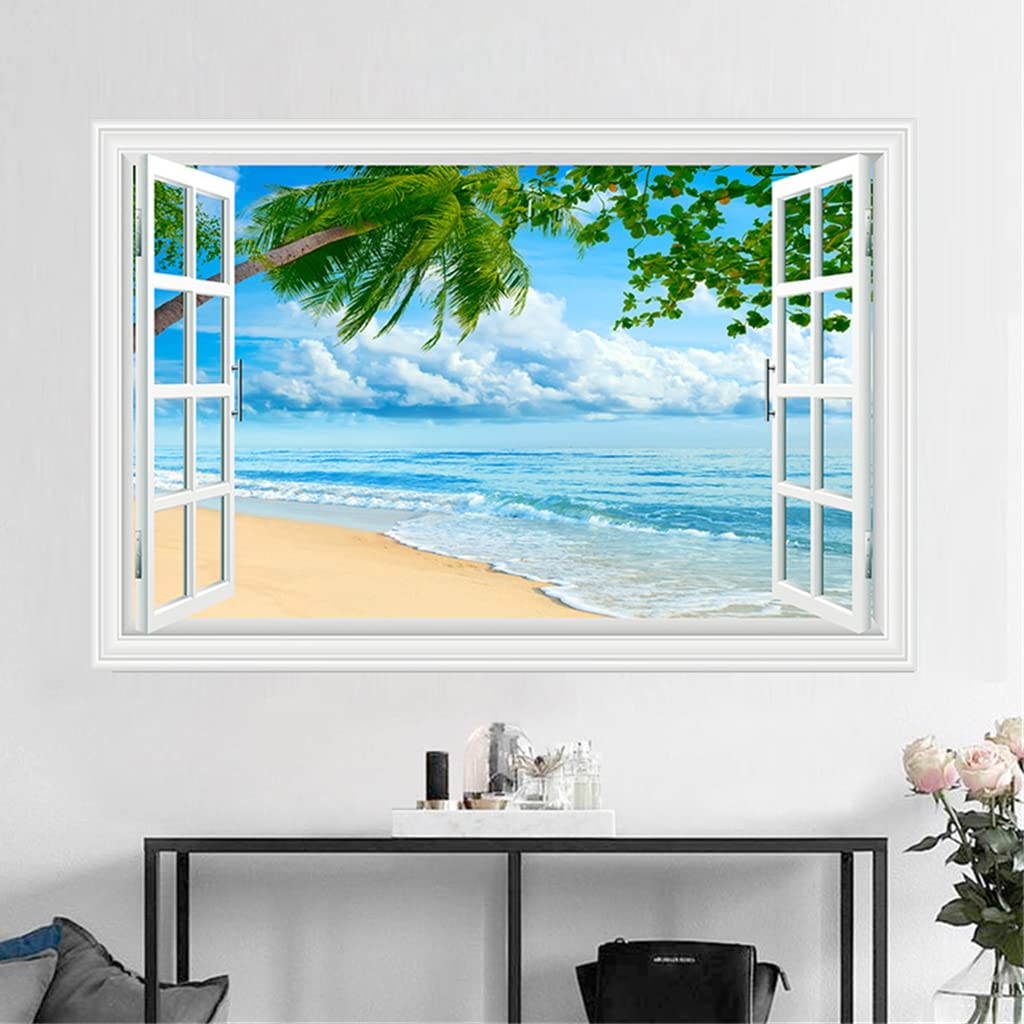HOTIYOK Fake Window Sticker Wall Sticker Window Ocean Window View Painting Style Wallpaper Poster Blue Sky and Sea Sea of Clouds Mirror Lake Surface