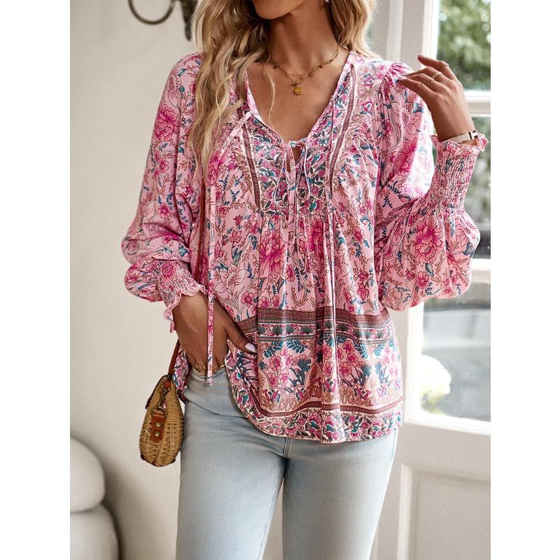 TIFICY Damenmode, lässig, Frühling und Herbst, Blumenmuster, bedruckt, langärmelig, V-Ausschnitt, Blusen und Hemden
