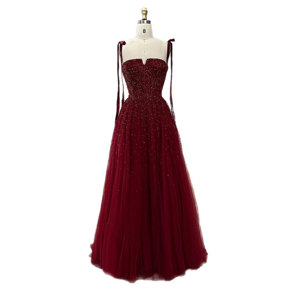 Burgundy suspender A-word bead dress, elegant dinner art exam solo host dress LA10100A