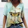 2025 Summer Women's T-Shirt Vintage Butterfly Printcasual Fashion V Neck Pullover Short Sleeve Loose Daily Tops Design Clothing