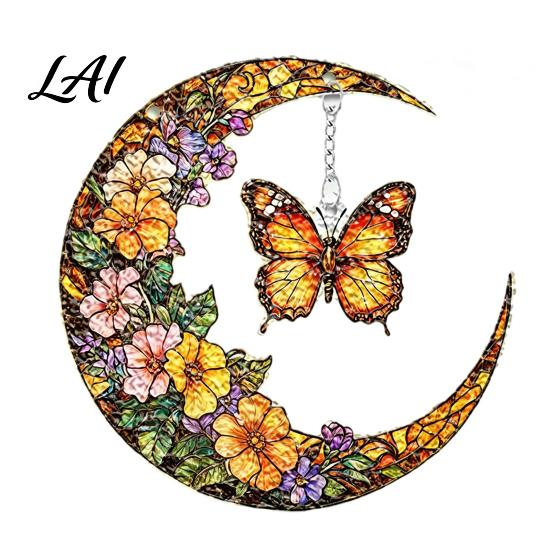 Transparent Acrylic Window Art Moon-Shaped Wreath Hanging Ornament Butterfly Angel Floral Stained Glass Style Mosaic Daily Home Furnishings