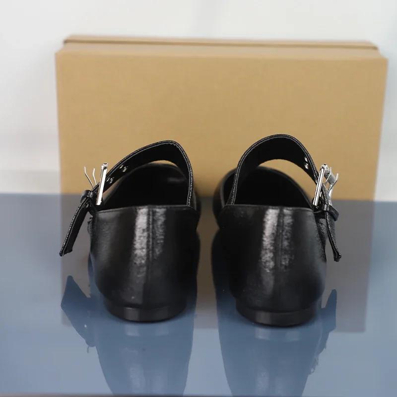 Fashion High Quality Women's Mary Jane Shoes Vintage Round Toe Soft Leather Black Decorative Strap Buckle Barefoot Flats for Female