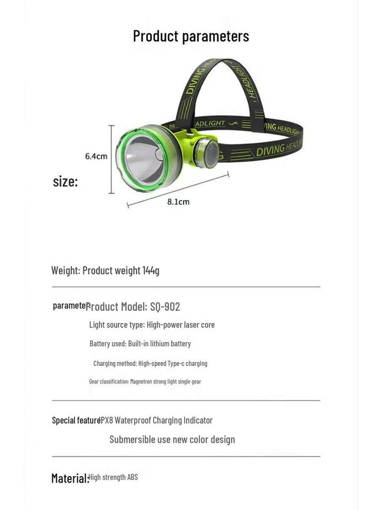 High-Lumen LED Outdoor Headlamp for Climbing, Fishing, and Diving, Featuring Strong Light and Long Battery Life