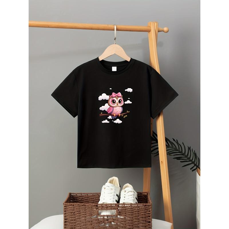 

European sizes Owl Graphic Print Creative T-Shirts, Soft & Elastic Comfy Crew Neck Short Sleeve Tee, Girls Summer Tops 98cm чёрный