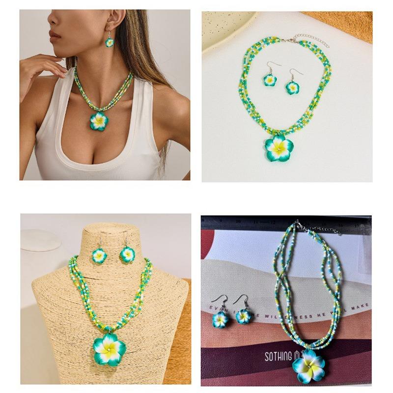 Elegant Colourful Flower Floral Set Earrings Necklace Sweet Braided Necklace Fashion Jewelry