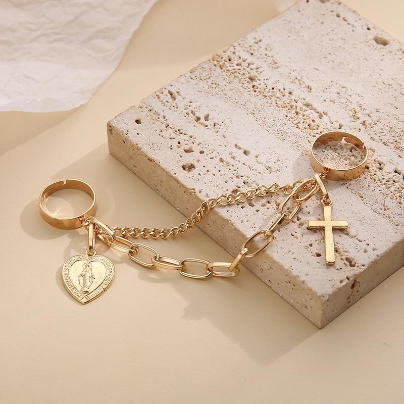 Heart Pendant Double Linked Chain Fashion Personality Ring