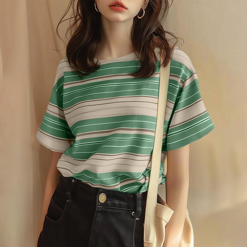 Women's Striped T-shirt Korean Loose Top Summer Fashion Round Neck T-shirt