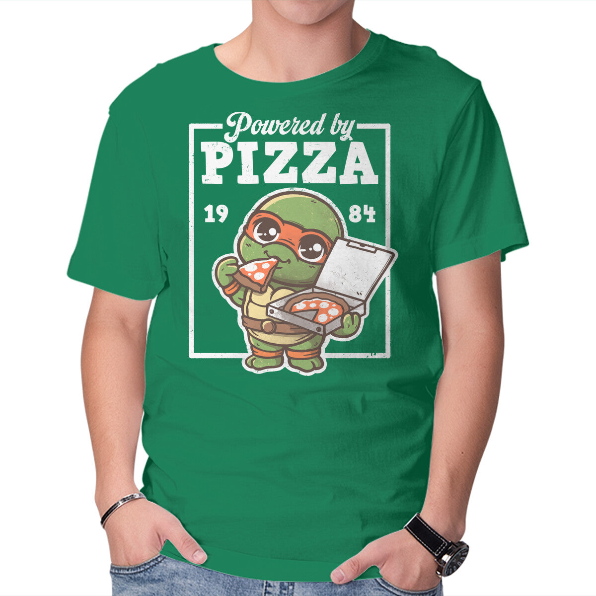 Unisex Crew Neck T-Shirt Turtle Powered By Pizza Graphic Short Sleeve Casual Tee XL