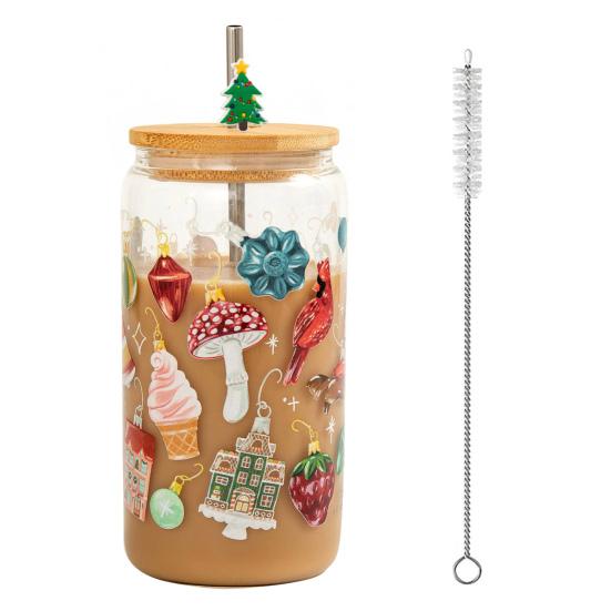 Color Changing Christmas Glass Cup with Lid Straw Brush Reusable Glass Iced Coffee Cup Cute Xmas Party Decorations for Mom Her