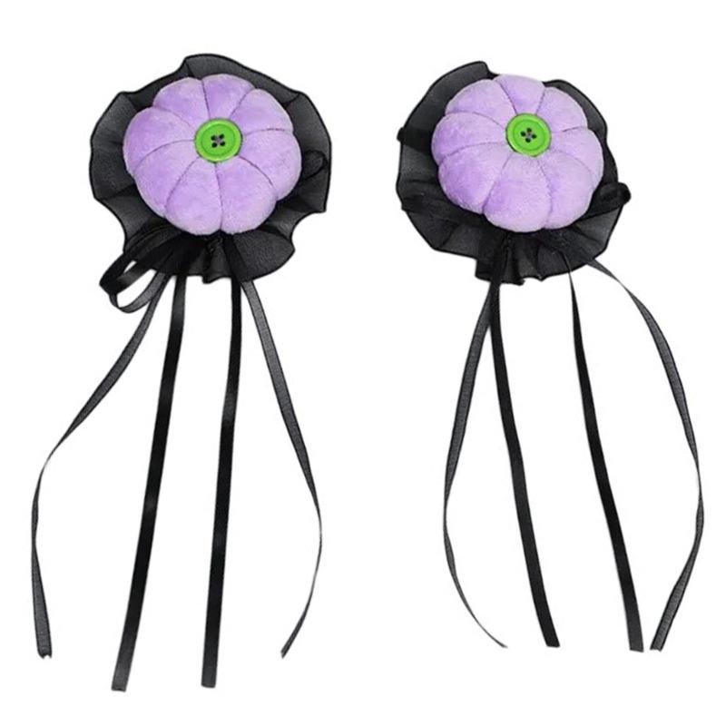 

Halloween Theme Pumpkin Hair Clip for Adult with Long Ribbon Cosplay Hair Barrettes Holiday Side Clip for Hairstyling