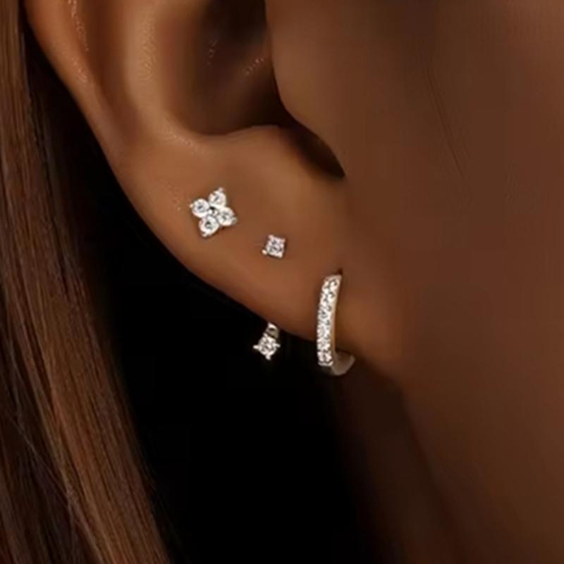 3 STÜCKE Edelstahl Goldfarben Kreis Creolen Set für Damen Einfache Zirkon Blume Ohrstecker Knorpelpiercing Schmuck