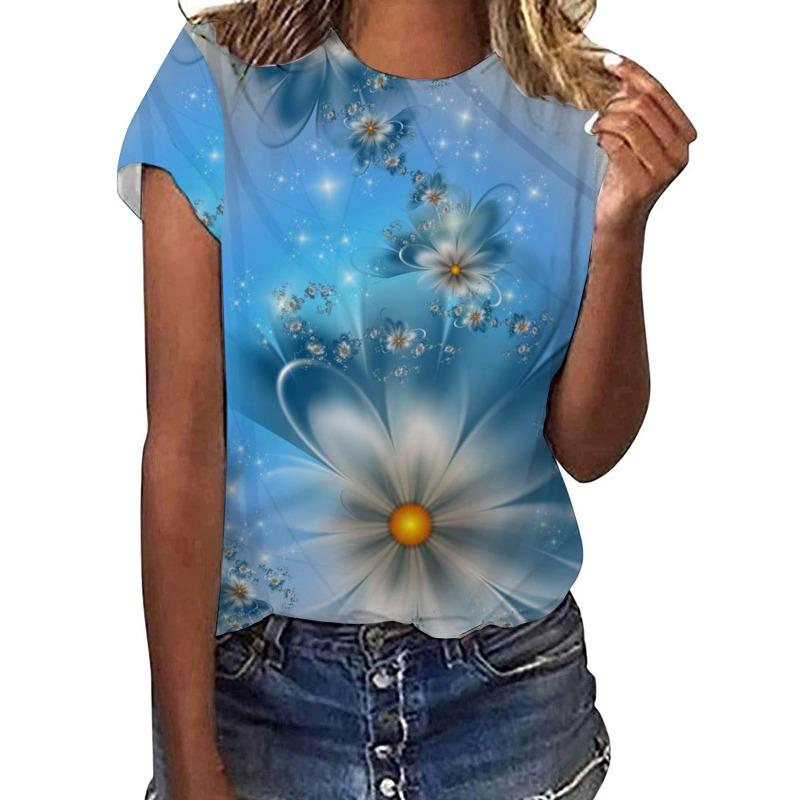 Women's Summer Casual Round Neck Pullover Short Sleeved Digital Printed Loose T-shirt