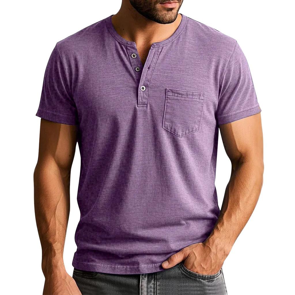 Men's Summer Solid Color Button Collar Short Sleeve Tops Men's Casual Loose Fashion Tops