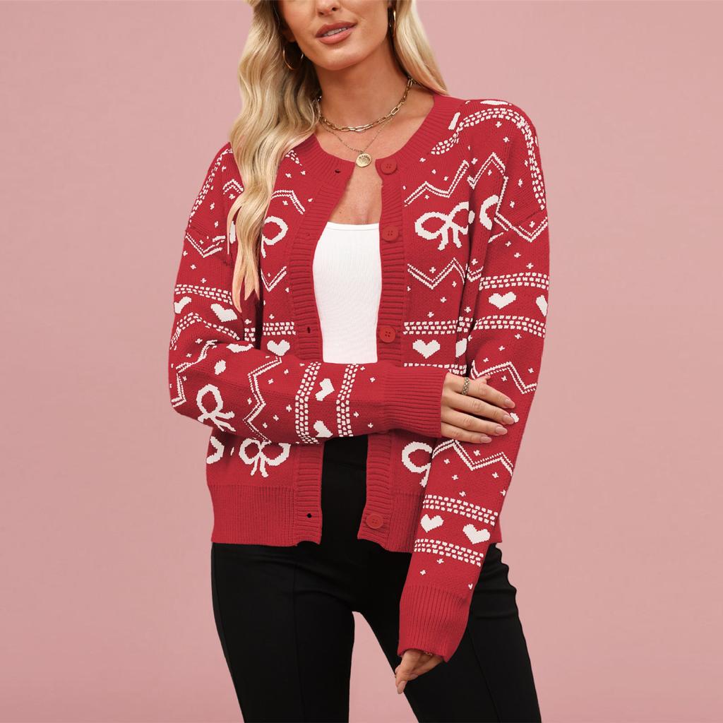 Women's Fashionable Round Neck Long Sleeved Heart-shaped Contrasting Button Casual Sweater Jacket