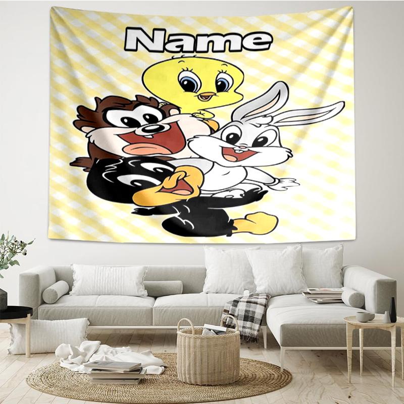 Custom Name Looney Tunes Print Tapestry, Backdrop, Easy Setup, Ideal for Bedroom, Office & Living Room, with Aesthetic Wall Hanging Decor.