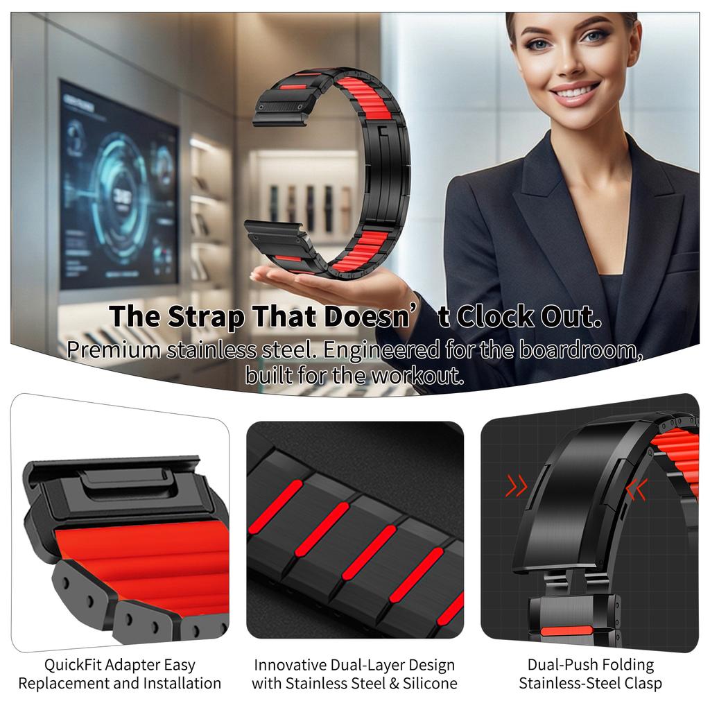 22/26mm Stainless Steel Silicone Band for Garmin Fenix 8 47/51mm 7 7X Pro 6 6X QuickFit Bands for Epix Gen2 Marq Bracelet Strap