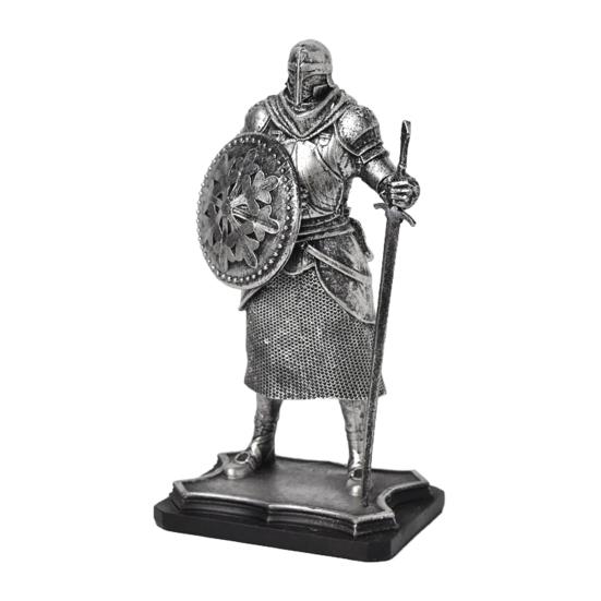 Medieval Knight Figurine, Vintage Resin Statue with Metallic Finish, Handcrafted Armor & Shield Details for Bookshelf, Office Desk Decor, Industrial