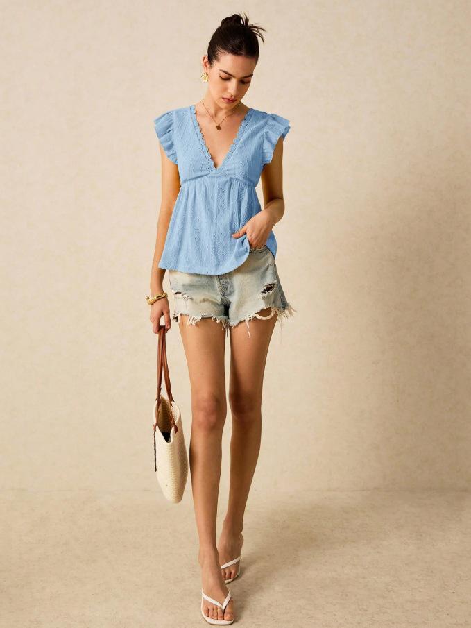 2025 European-American Women's Spring/Summer V-Neck Ruffle Lace Top