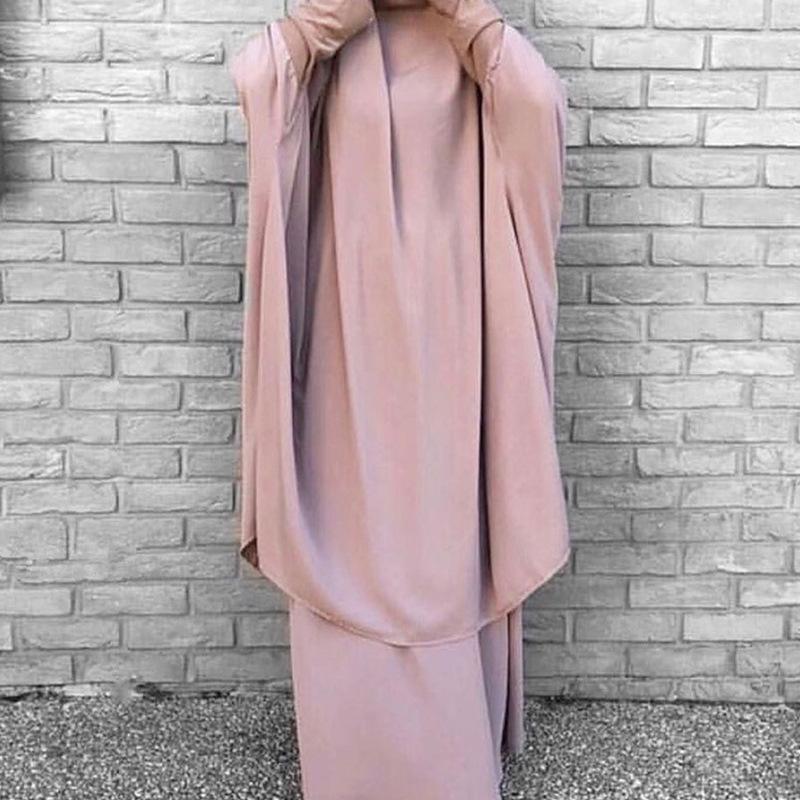 Plus Size Solid Color Dubai Dress & Skirt Set for Muslim Women - Loose Wide Hem