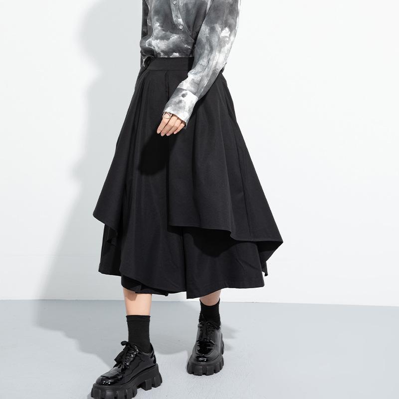 Women's Elastic Waist Skirt Pants Loose Fit Irregular Layered Culottes Solid Black Casual Wide Leg Trousers For Spring Daily Outfit