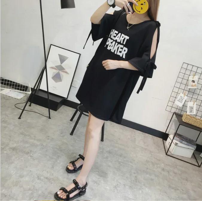 2024 Korean Style Off-Shoulder Bowknot Print Mid-Length T-shirt Dress with Five-Point Sleeves.