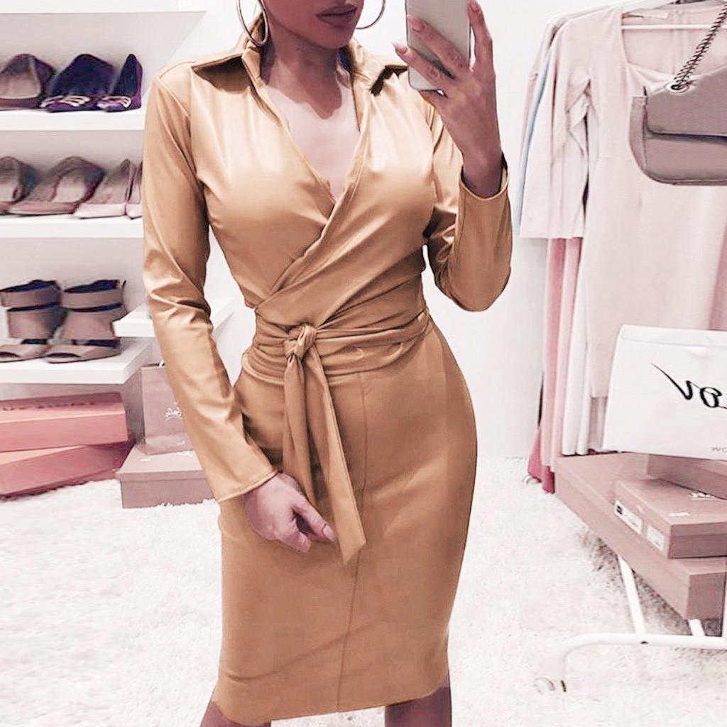 Frauen Damen Sexy Leder Abend Party Club V-Ausschnitt Midi Body Kleid