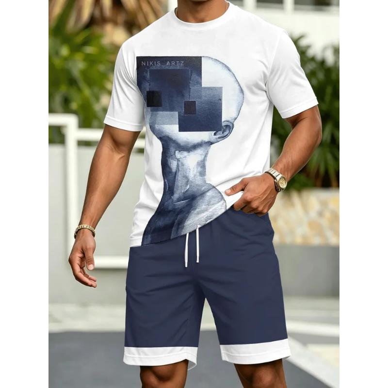 Fashion Men's Casual Suit 3D Casual Color Printing Summer T-shirt Shorts Simple