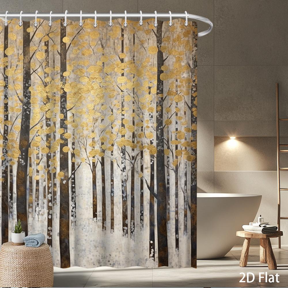 

Golden Leaf Forest Shower Curtain – Autumn Birch Trees With Amber Gold Canopy, Watercolor Print On Waterproof Polyester,12 Hooks W60H190(CM)-1 Pcs