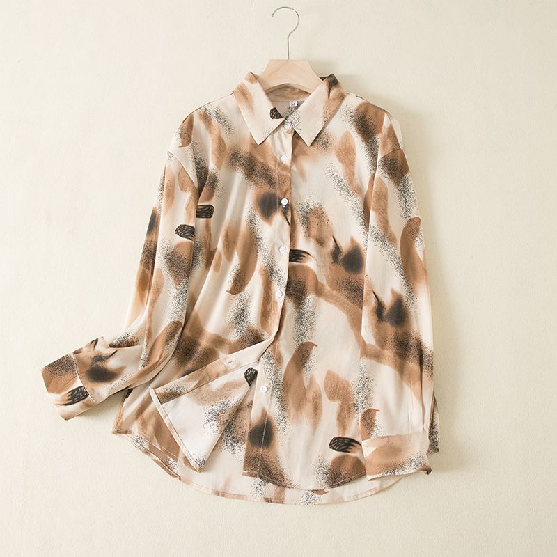 

710 Весенне-летняя рубашка с лацканами и длинными рукавами, с принтом в стиле туши, из шифона, в светлую клетку Picture Color XS