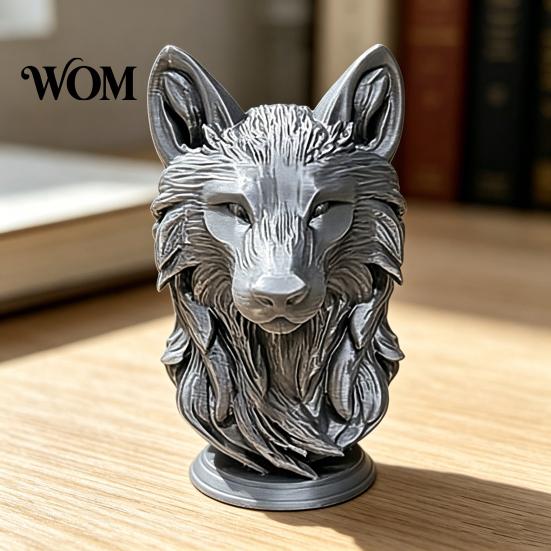 Moderne Wolfskopf-Dekoration 3D-gedruckte Figur, Realistische Statue mit runder Dekorationsbasis, Wildtier-Skulptur für Zuhause Büro Bücherregal