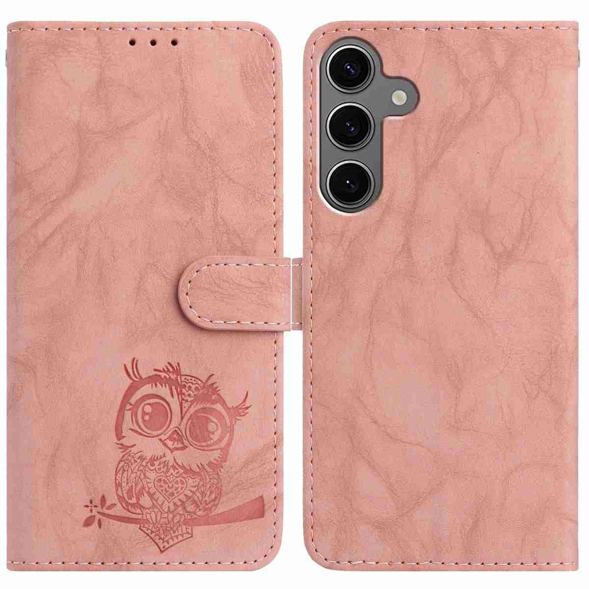 

For Samsung Galaxy S25+/S24+ Case Owl Imprinted PU Leather Wallet Phone Cover with Wrist Strap Pink