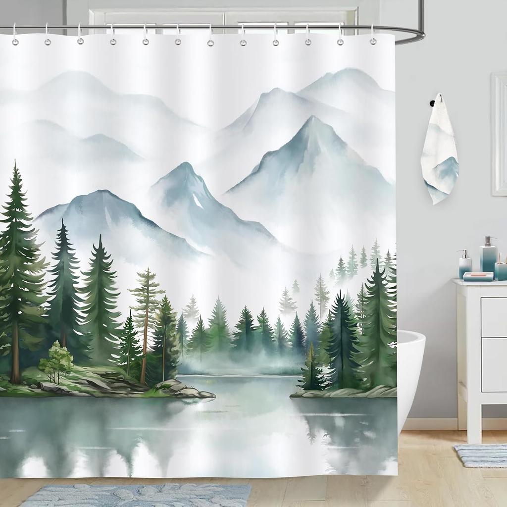 Rideau de douche Forêt Brumeuse Aquarelle Arbre de Montagne Lac Paysage Vert Naturel Rideau de Douche de Salle de Bain, 180 X 180Cm
