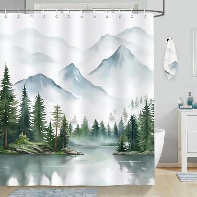 Wodoodporna zasłona prysznicowa z motywem mglistego lasu, góry, drzewa, jeziora, naturalny zielony krajobraz, 180 x 180 cm