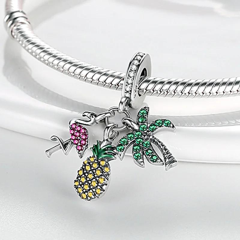 Charms Copperpineapple, Flamingo, Coconut Tree Beads Fit Charms Plataoriginal Bracelet Beads Women Jewellery Making