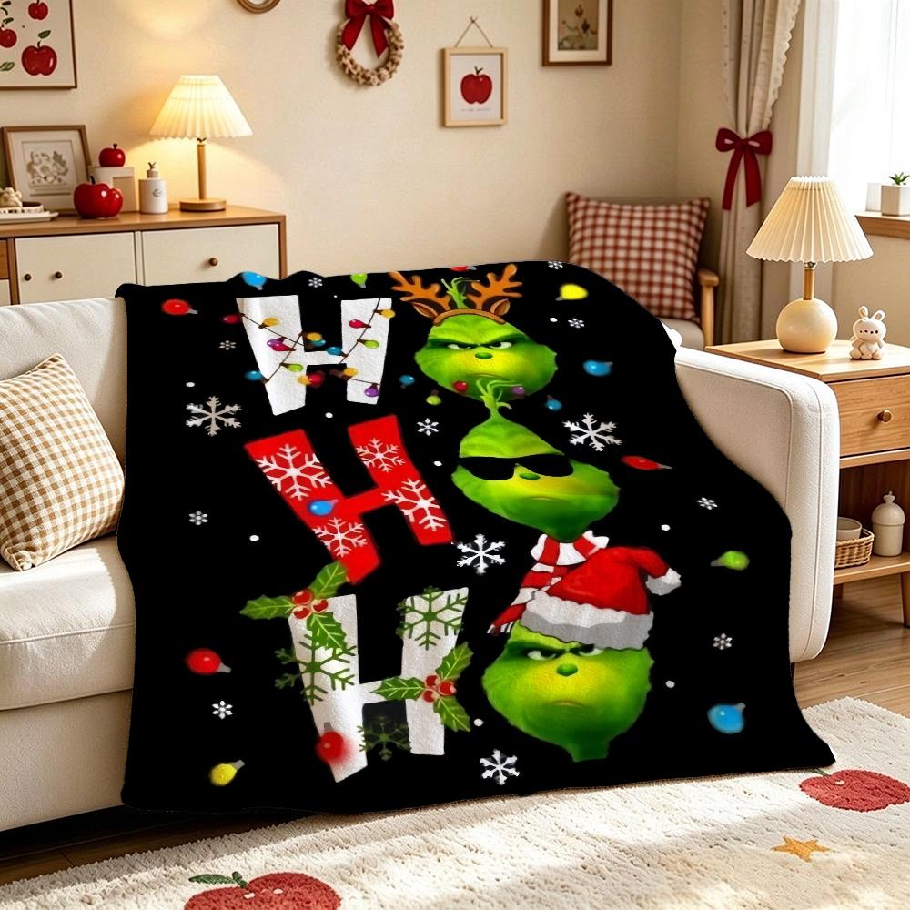 Ho Ho Ho Merry Grinch Christmas Theme Cartoon Flannel Blanket Soft Warm Throw Blanket For Office Sofa Lightweight Home Decor Memorial Gift