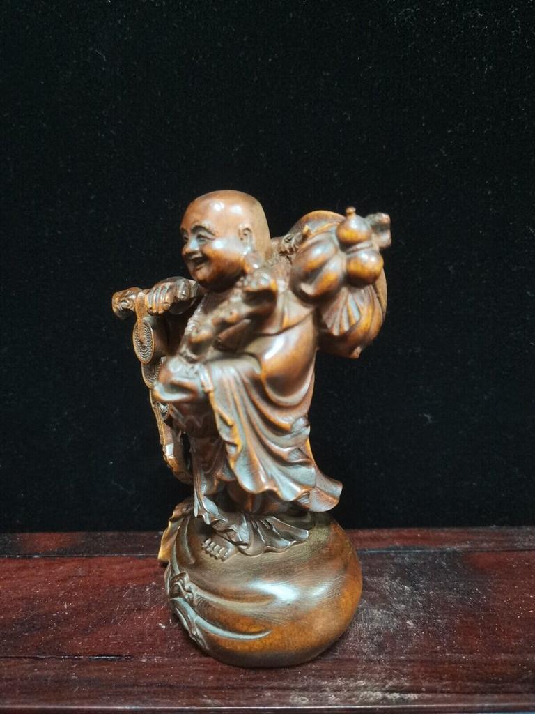 Chinese Vintage Boxwood Carved Rich Maitreya Buddha Statue Nice Sculpture Art