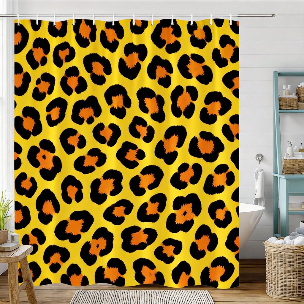Modern Leopard Print Shower Curtain Background With Black Spots, Trendy Animal Pattern Bath Curtain For Fashion Home Decor