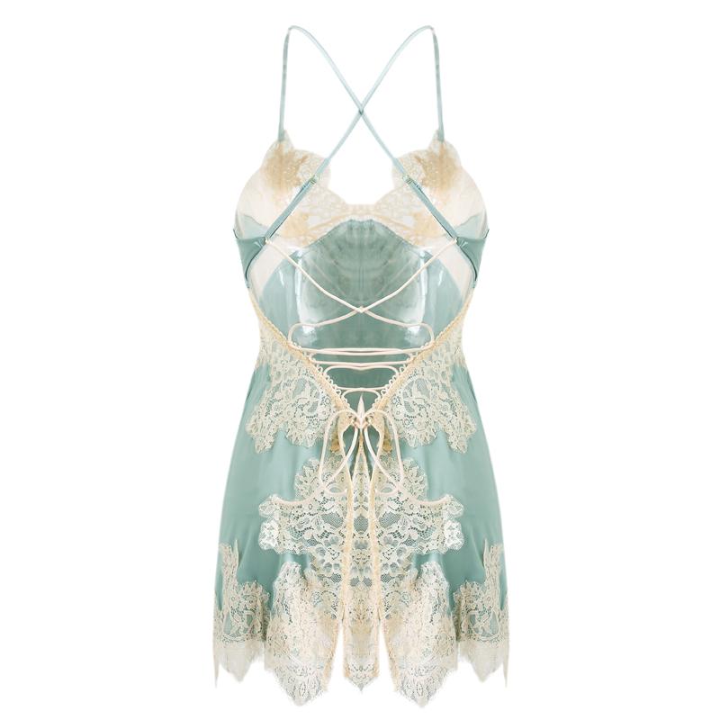 TERMEZY Satin Sleepwear Women Sexy Backless Nightdress Lace Patchwork Bifurcated Lace Up Pajama With Panty V Neck Sling Night Homewear