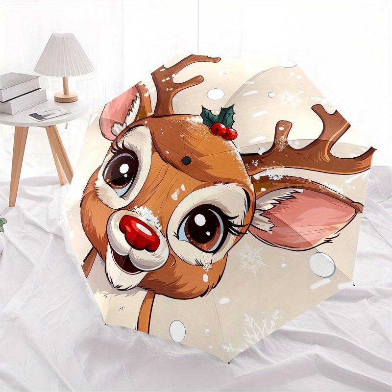 Reindeer, Winter Wonderland Theme 8 Bone Hand Automatic Folding Umbrella, Compact and Portable Design, A Perfect Gift for Birthday, Christma