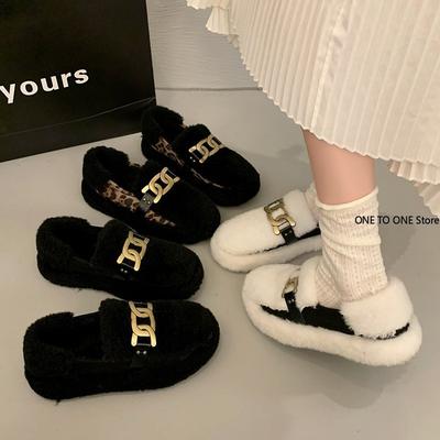 Zapatos de Invierno de Lana de Cordero de Color Mixto Blanco/Negro Mujer Marca Cadenas Metálicas Planos de Pelo Rizado Zapatos de Trabajo para Mujer Cómodos para el Trabajo