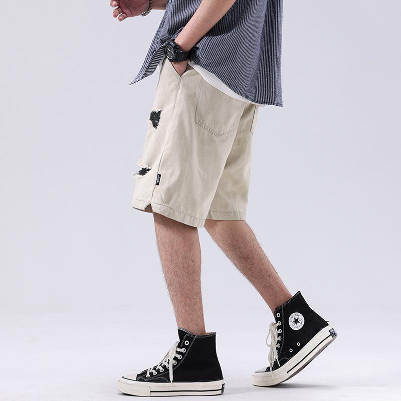 Ripped Denim Shorts Men's Summer American-washed Pants Loose Straight Five-point Pants