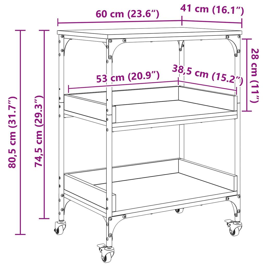Kitchen Trolley Black Oak Effect 60 X 41 X 80.5 Cm