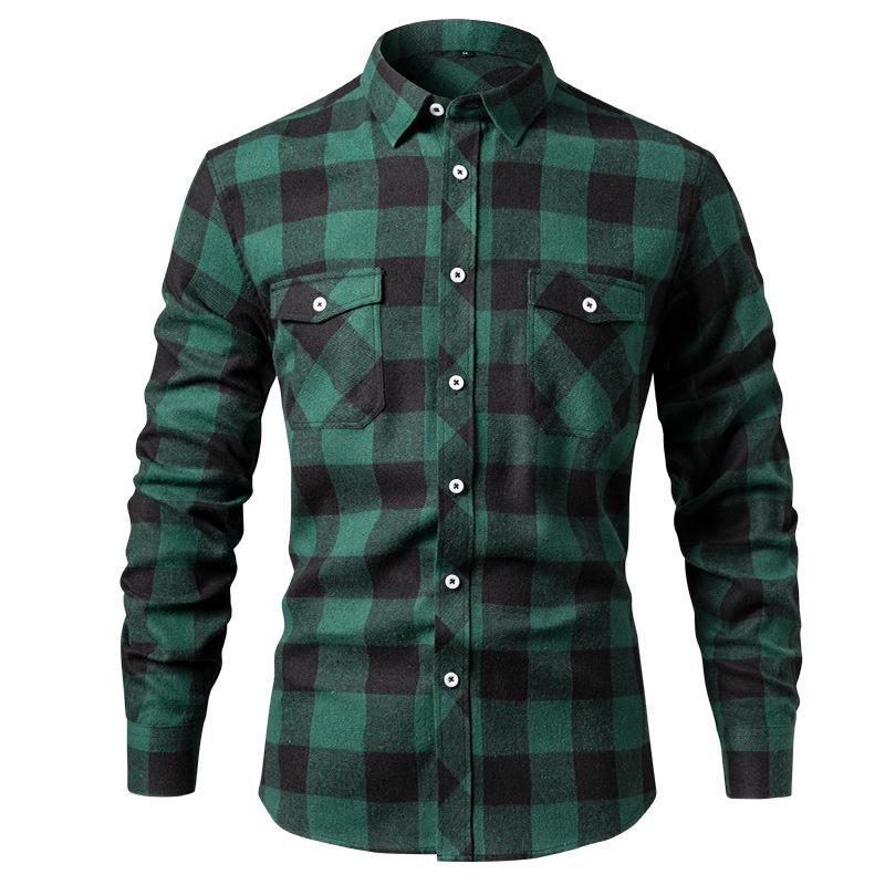 Mens Long Sleeve Plaid Shirt Turn Down Collar Chest Pocket Multiple Colors Checkered
